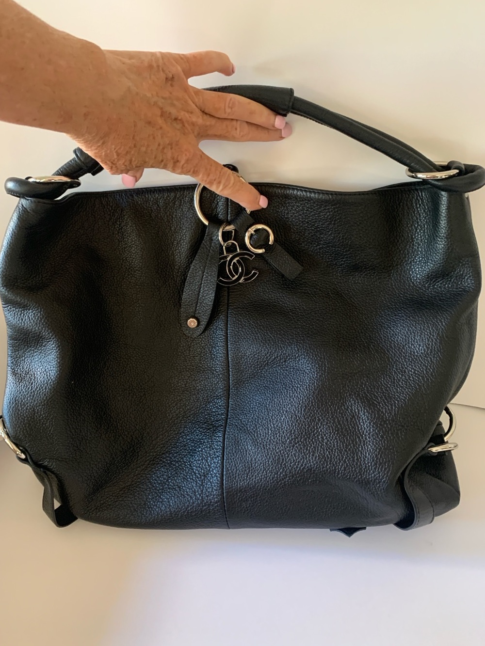 Designer Black Leather Shoulder Tote with CC Charm